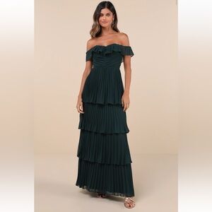 Lulus Always Remarkable Emerald Pleated Off-the-Shoulder Maxi Dress